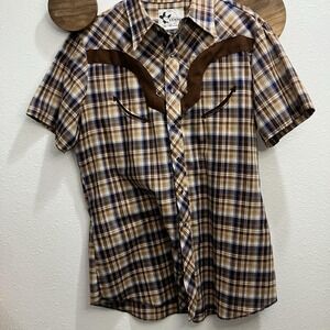 Vintage 1970s Denver Western Plaid Shirt Suede Yoke Short Sleeve Made USA Large